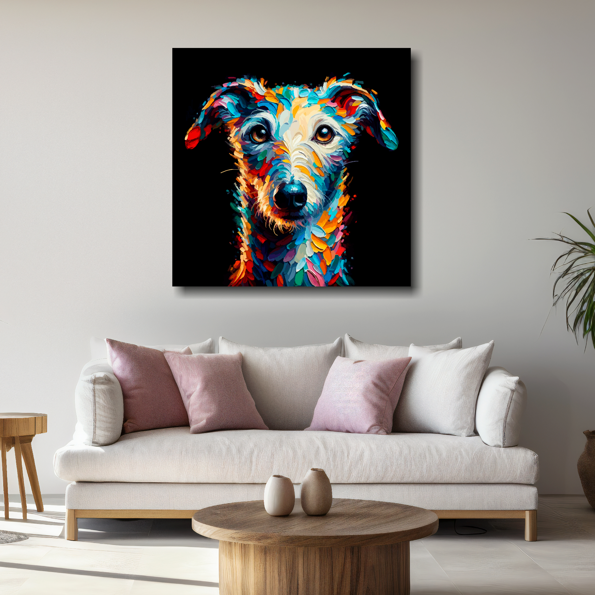 Large canvas featuring a multi-coloured Bedlington Whippet dog portrait. Mounted on a white wall above a white sofa with decorative pillows.