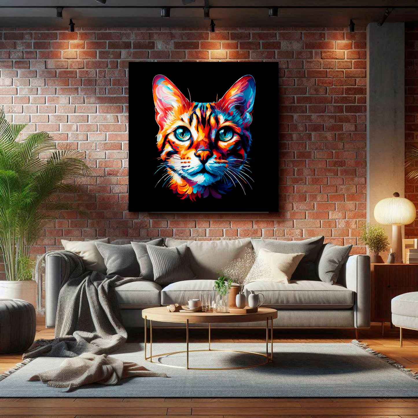 Large canvas wall art - A vibrant multi-coloured head portrait of a Bengal Cat. Available in 3 large sizes.