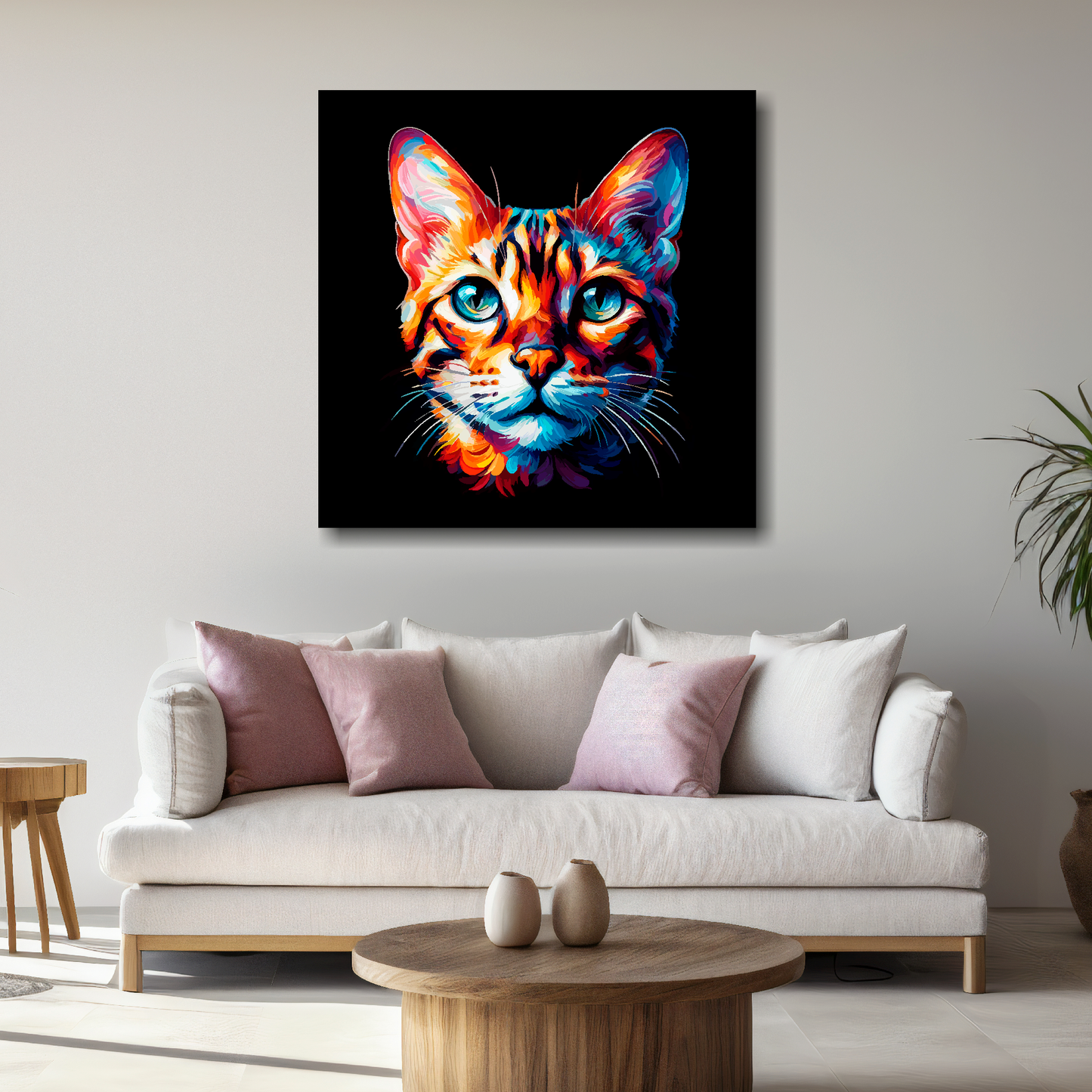 Large canvas wall art - A vibrant multi-coloured head portrait of a Bengal Cat. Available in 3 large sizes.
