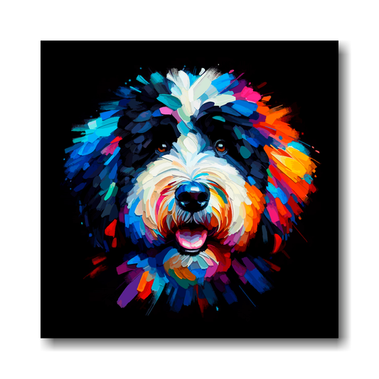Colourful abstract painting of a Berenedoodle dog's face on a black background.