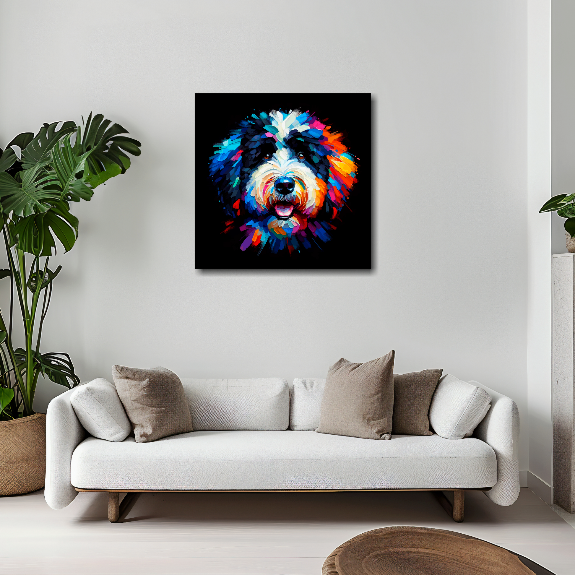 20 inch by 20 inch square canvas featuring a multi-coloured Bernedoodle dog portrait. Mounted on a white wall above a white sofa with decorative pillows.