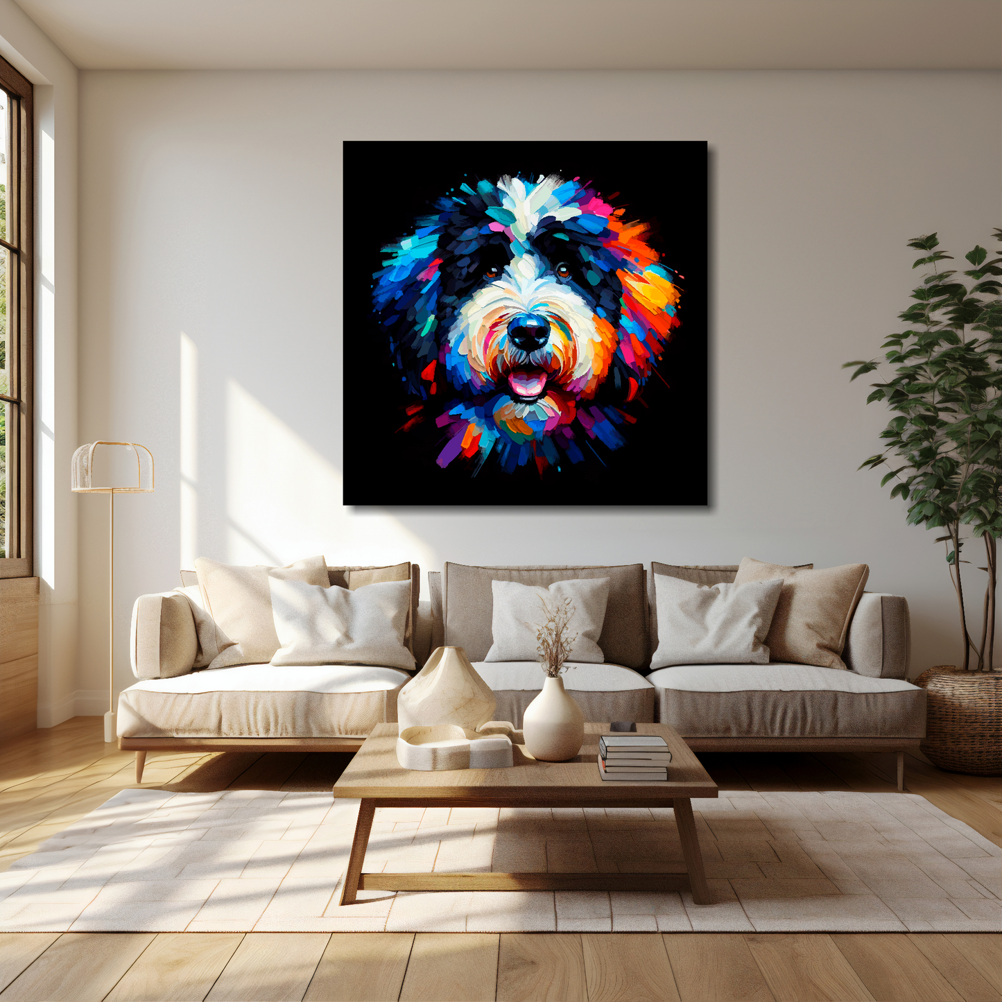 40 inch by 40 inch square canvas featuring a multi-coloured Bernedoodle dog portrait. Mounted on a cream wall above a cream sofa with decorative pillows.