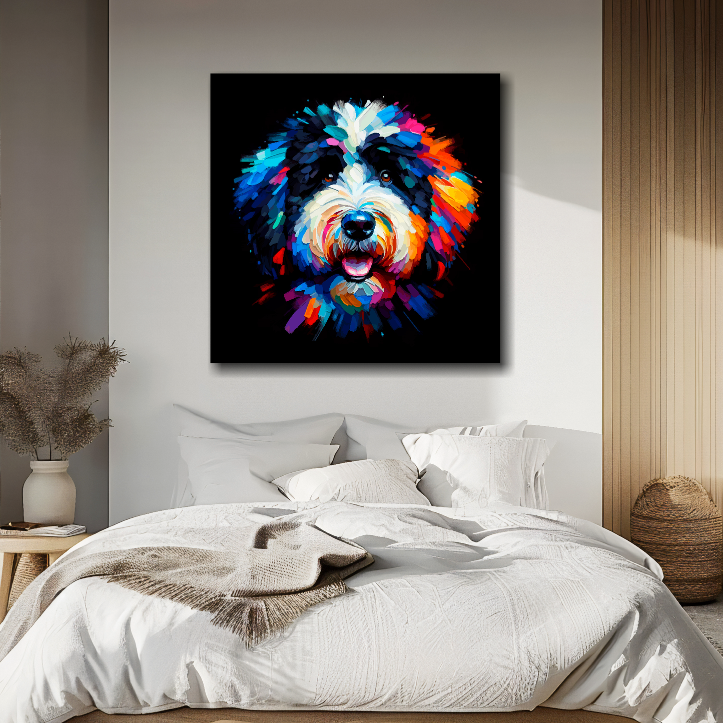 Square canvas featuring a multi-coloured Bernedoodle dog portrait. Mounted on a white wall above a double bed.