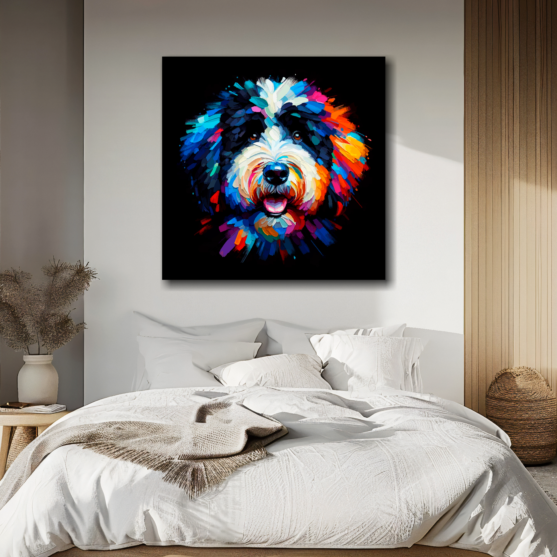 Square canvas featuring a multi-coloured Bernedoodle dog portrait. Mounted on a white wall above a double bed.