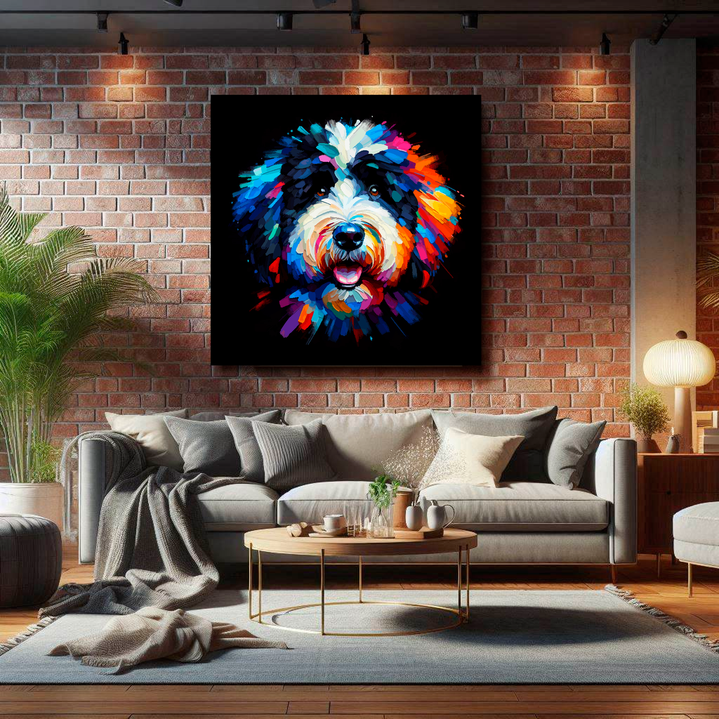 Large canvas featuring a multi-coloured Bernedoodle dog portrait. Mounted on a brick wall above a grey sofa with decorative pillows.