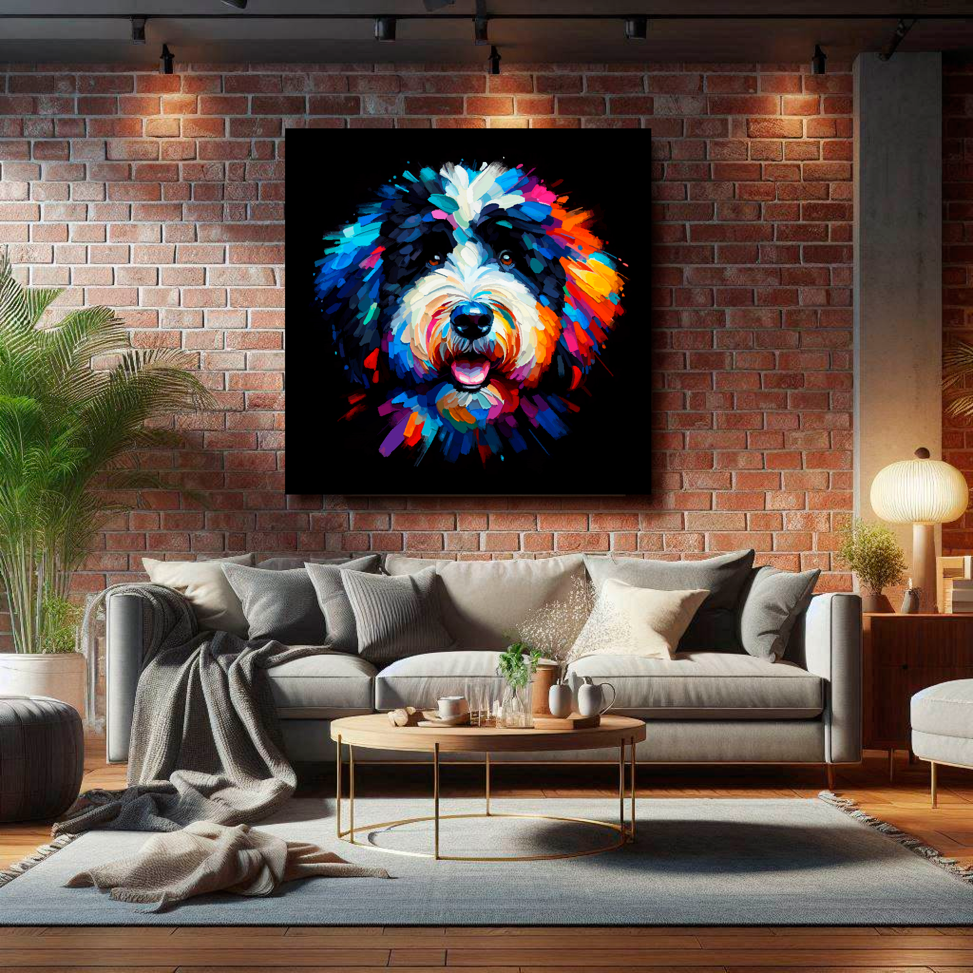 Large canvas featuring a multi-coloured Bernedoodle dog portrait. Mounted on a brick wall above a grey sofa with decorative pillows.