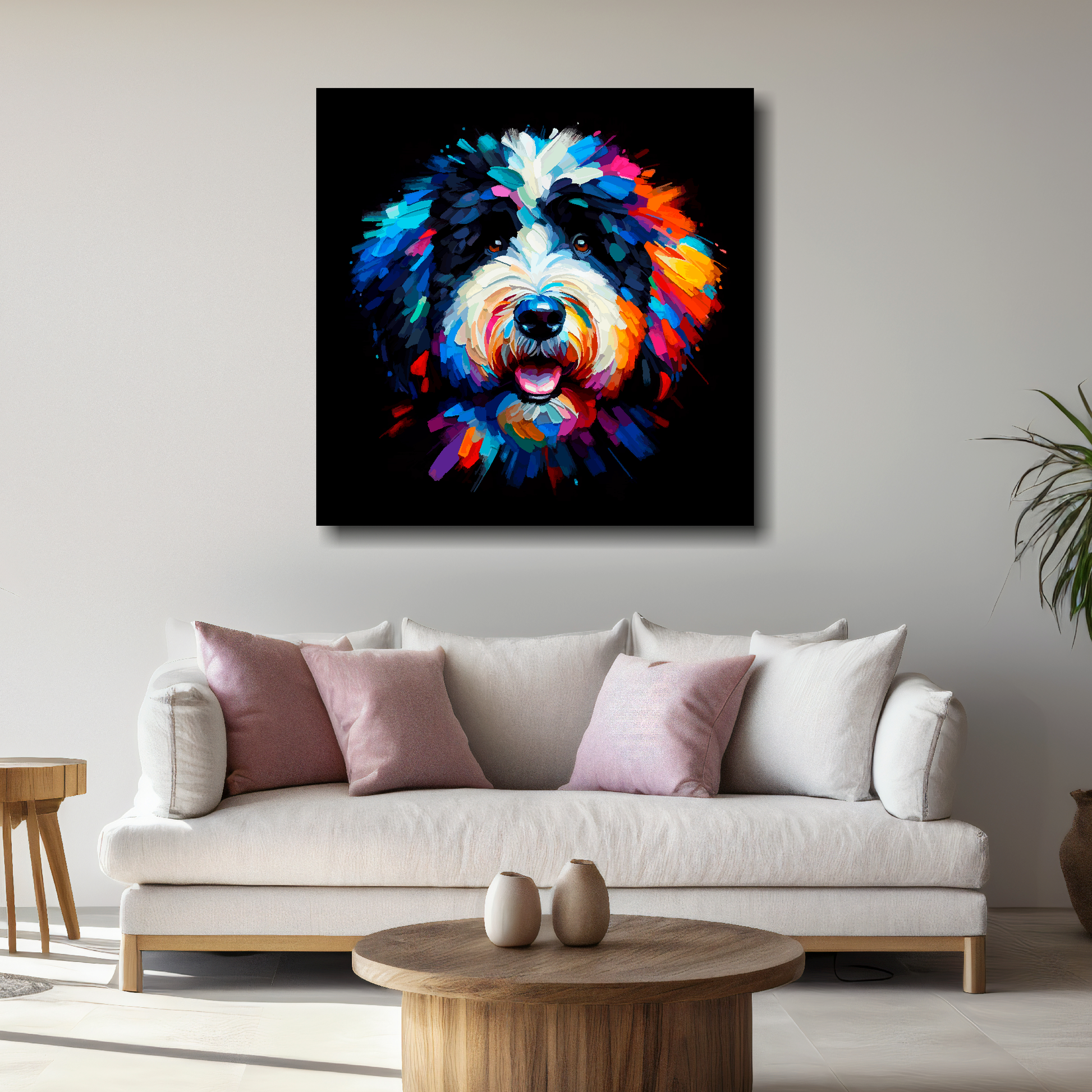 Large canvas featuring a multi-coloured Bernedoodle dog portrait. Mounted on a white wall above a white sofa with decorative pillows.