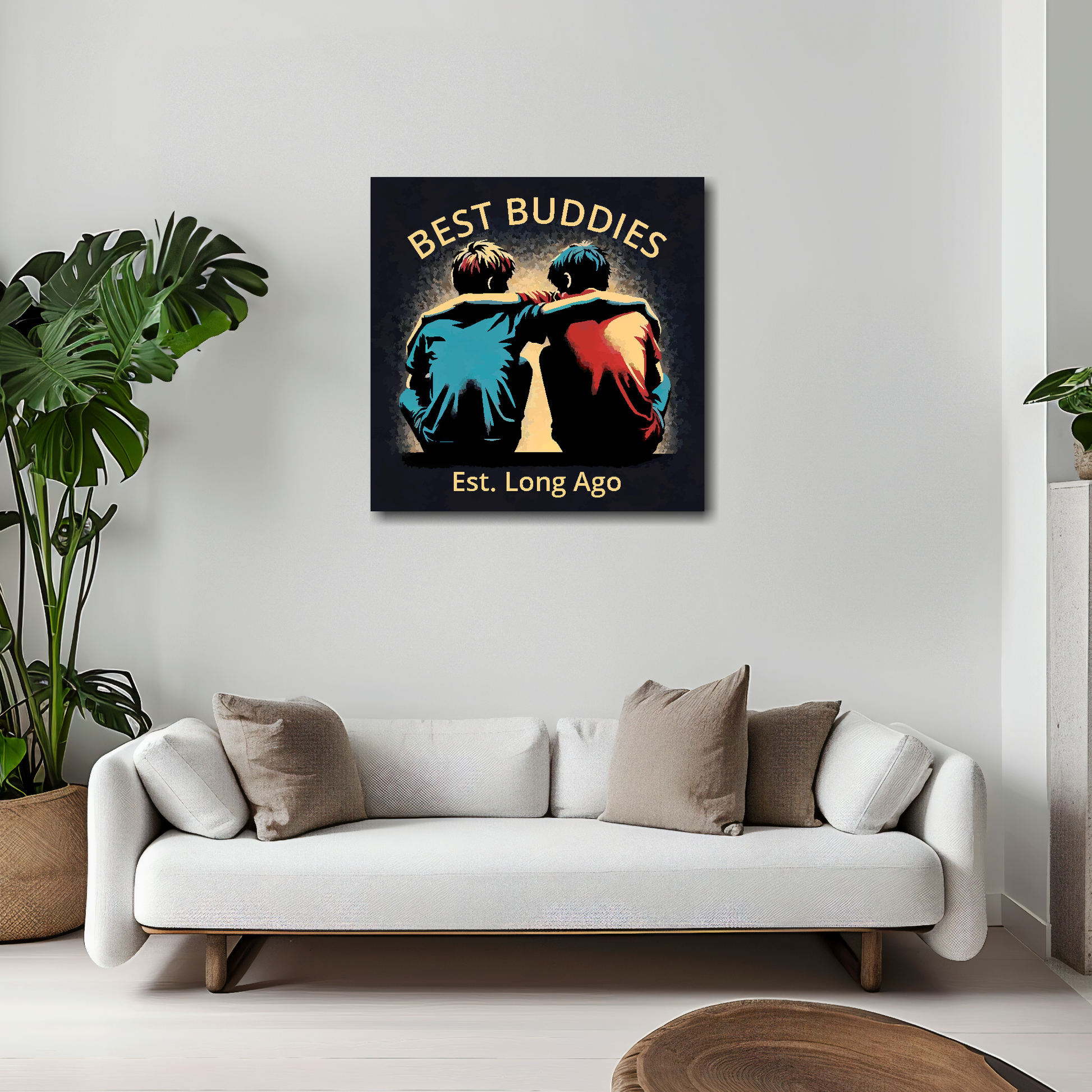 20 inch by 20 inch square canvas featuring a two boy best friends. Mounted on a white wall above a white sofa with decorative pillows.