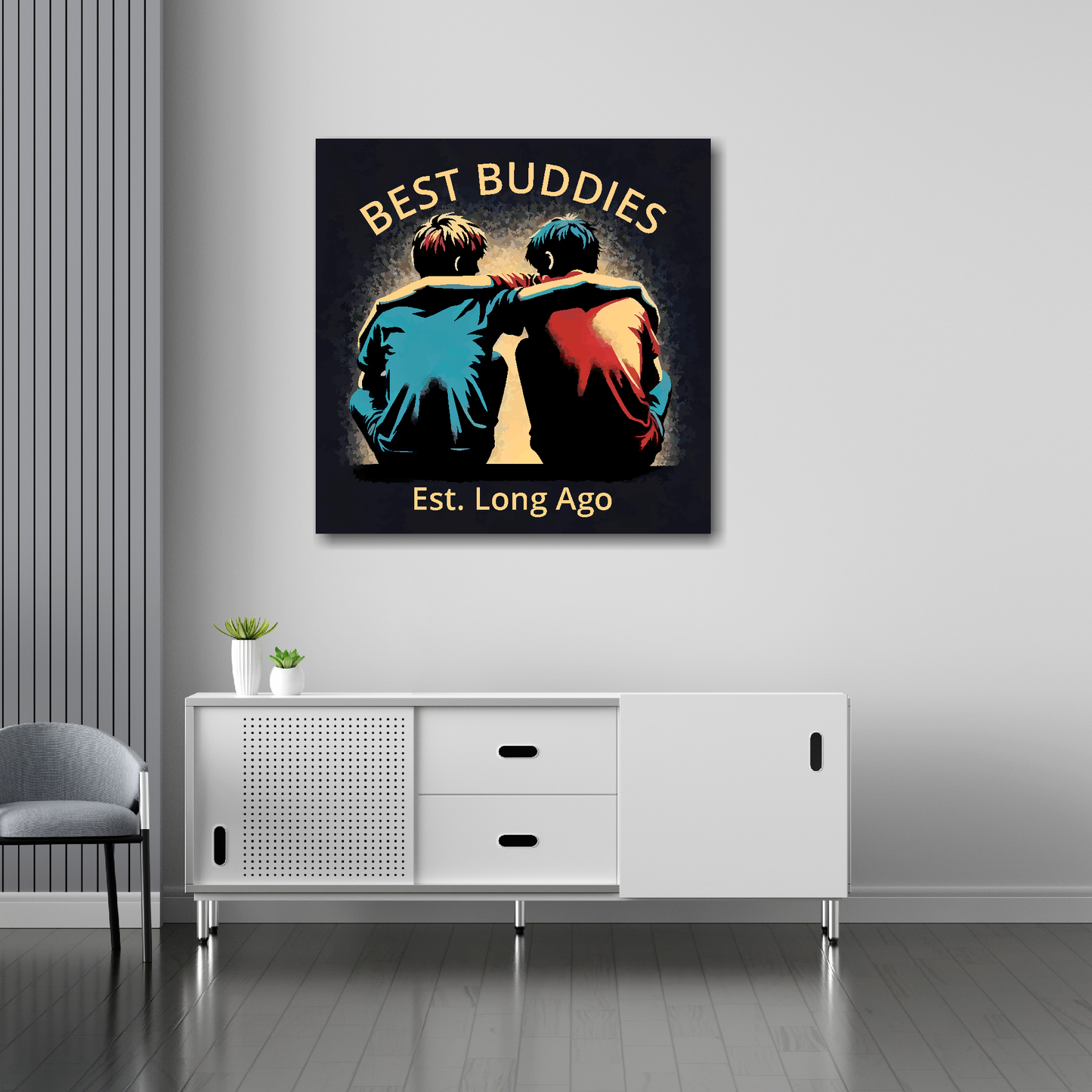 30 inch by 30 inch square canvas featuring a two boy best friends. Mounted on a white wall above a white sideboard.