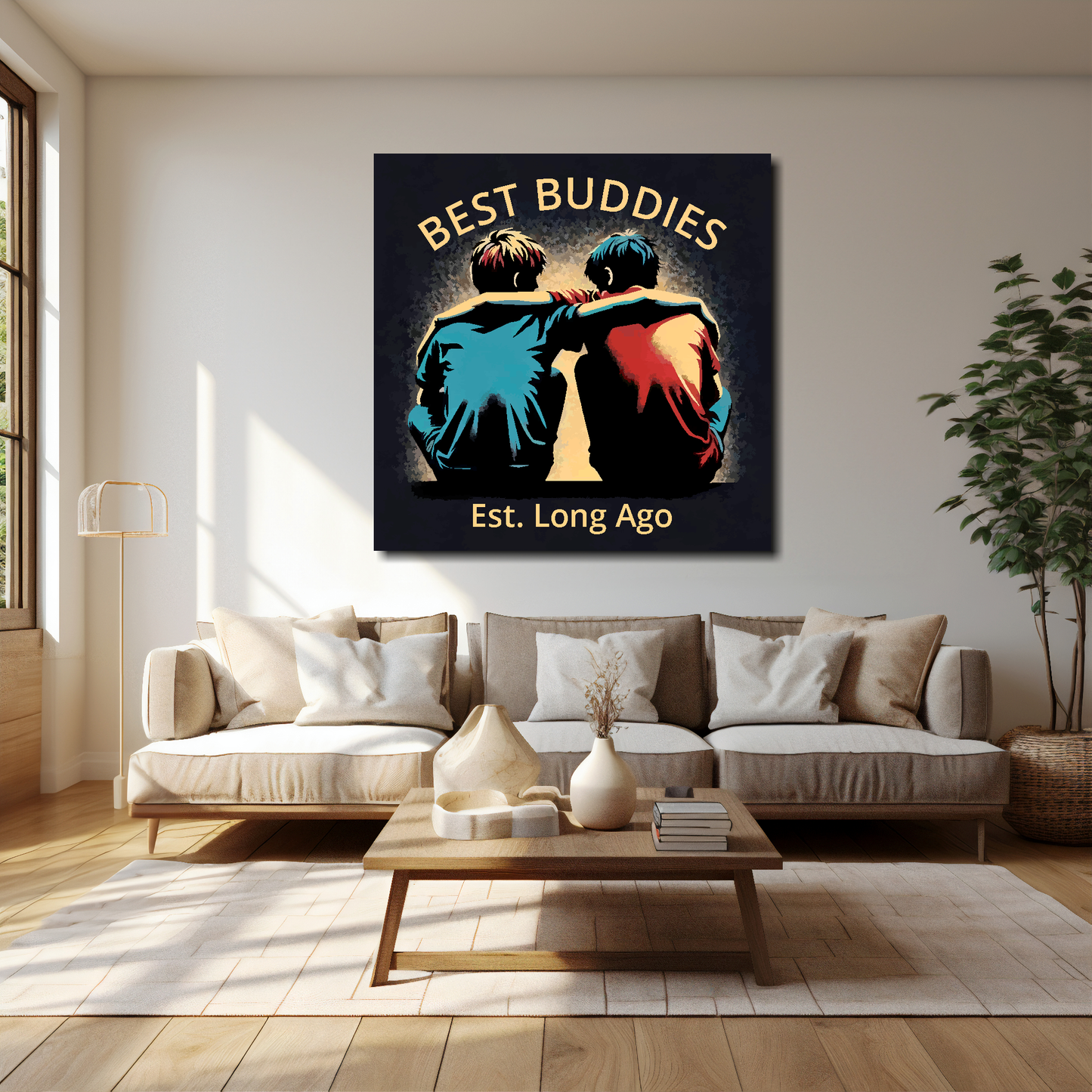 40 inch by 40 inch square canvas featuring a two boy best friends. Mounted on a cream wall above a cream sofa with decorative pillows.