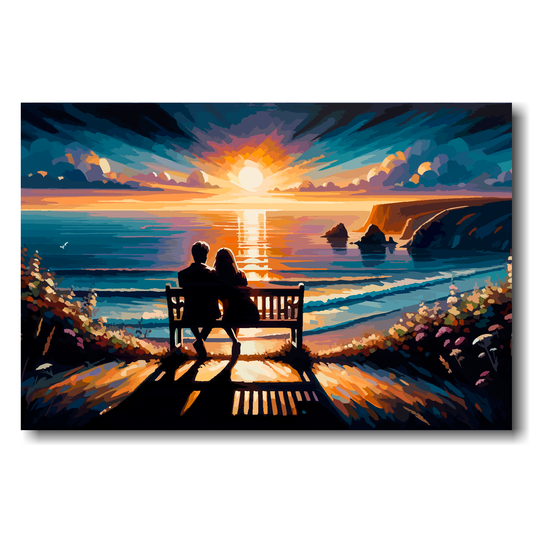 Couple sitting on a bench at sunset by the sea