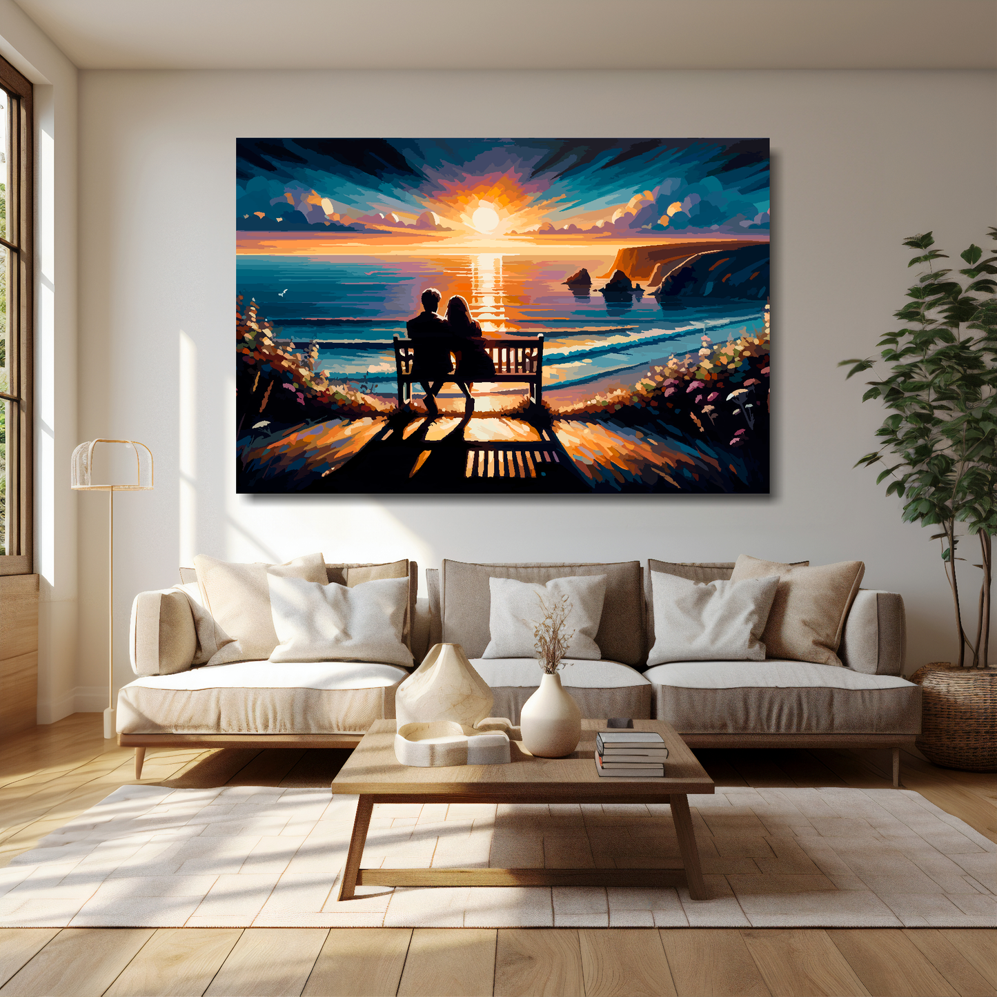 60 inch by 40 inch abstract canvas print of a couple watching a sunset. Mounted on a cream wall above a cream sofa with decorative pillows.