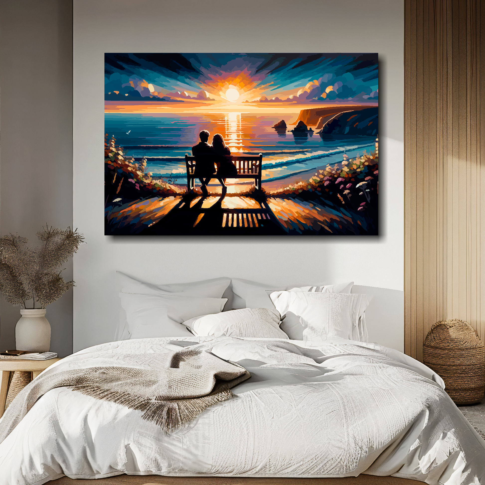 Painting of a couple on a bench at sunset displayed above a bed.