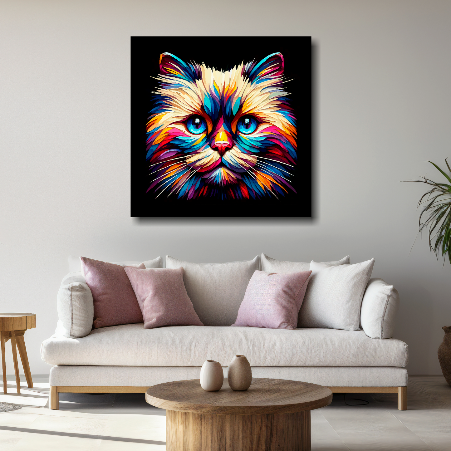 Large canvas wall art - A vibrant multi-coloured head portrait of a Birman Cat. Available in 3 large sizes.