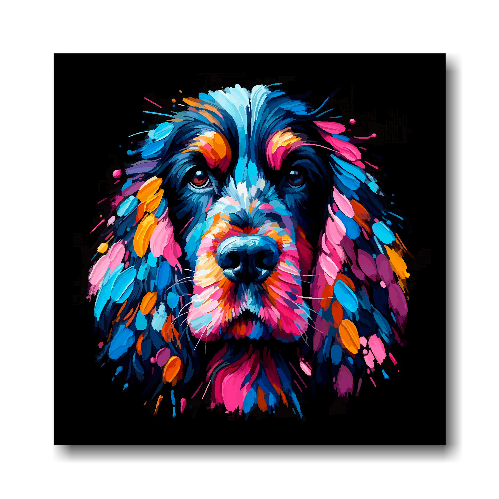 Colourful abstract painting of a Black Cocker Spaniel dog's face on a black background.