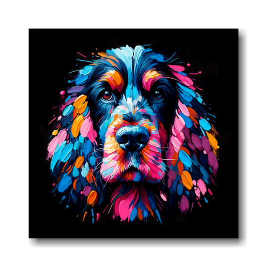 Colourful abstract painting of a Black Cocker Spaniel dog's face on a black background.