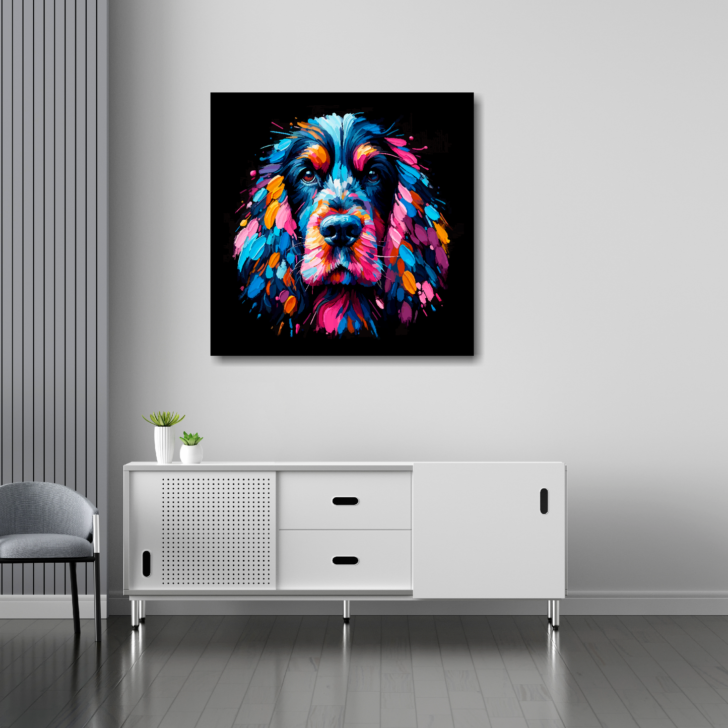 30 inch by 30 inch square canvas print featuring a multi-coloured Black Cocker Spaniel dog portrait. Mounted on a white wall above a white sideboard.
