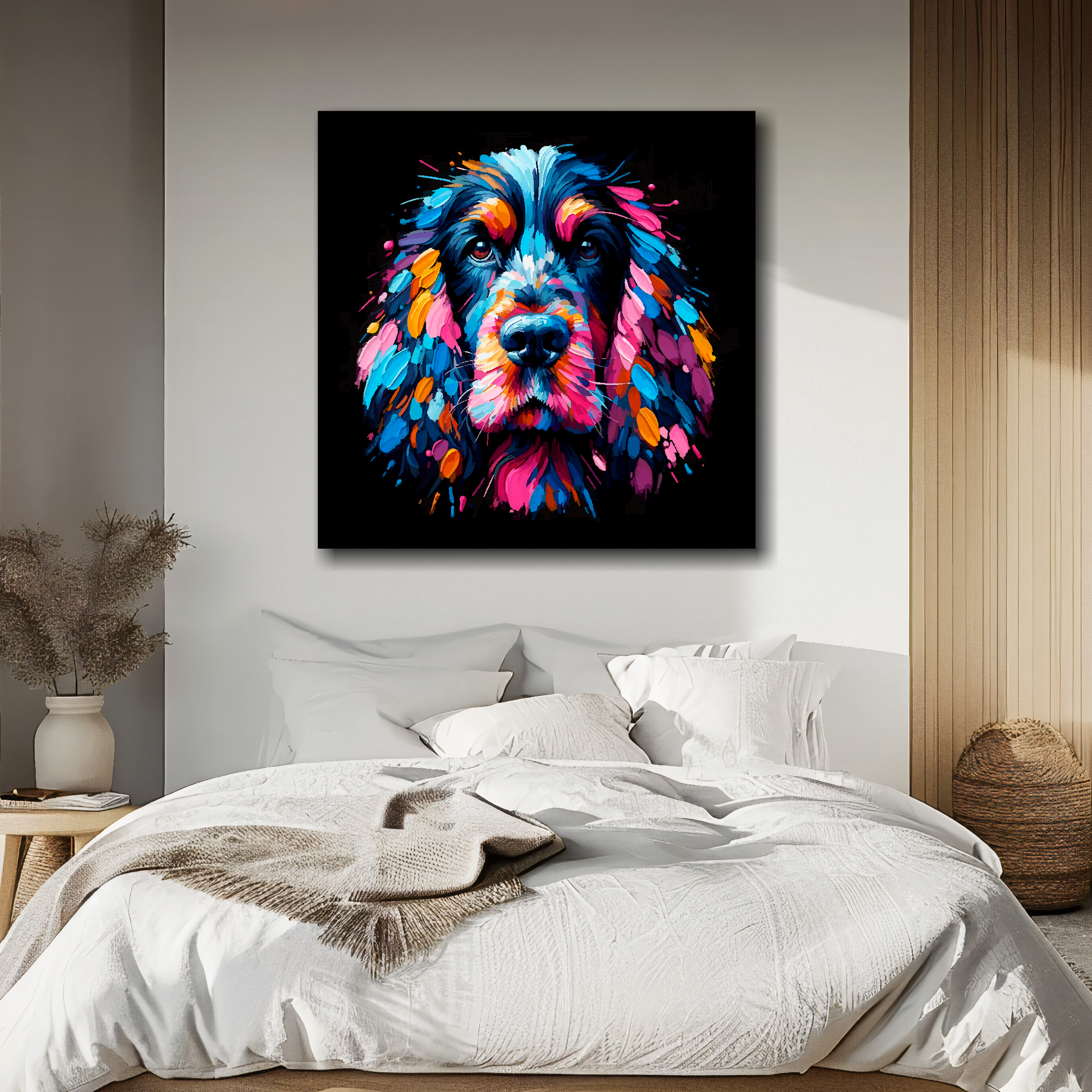 Canvas print featuring a multi-coloured Black Cocker Spaniel dog portrait. Mounted on a white wall above a double bed.