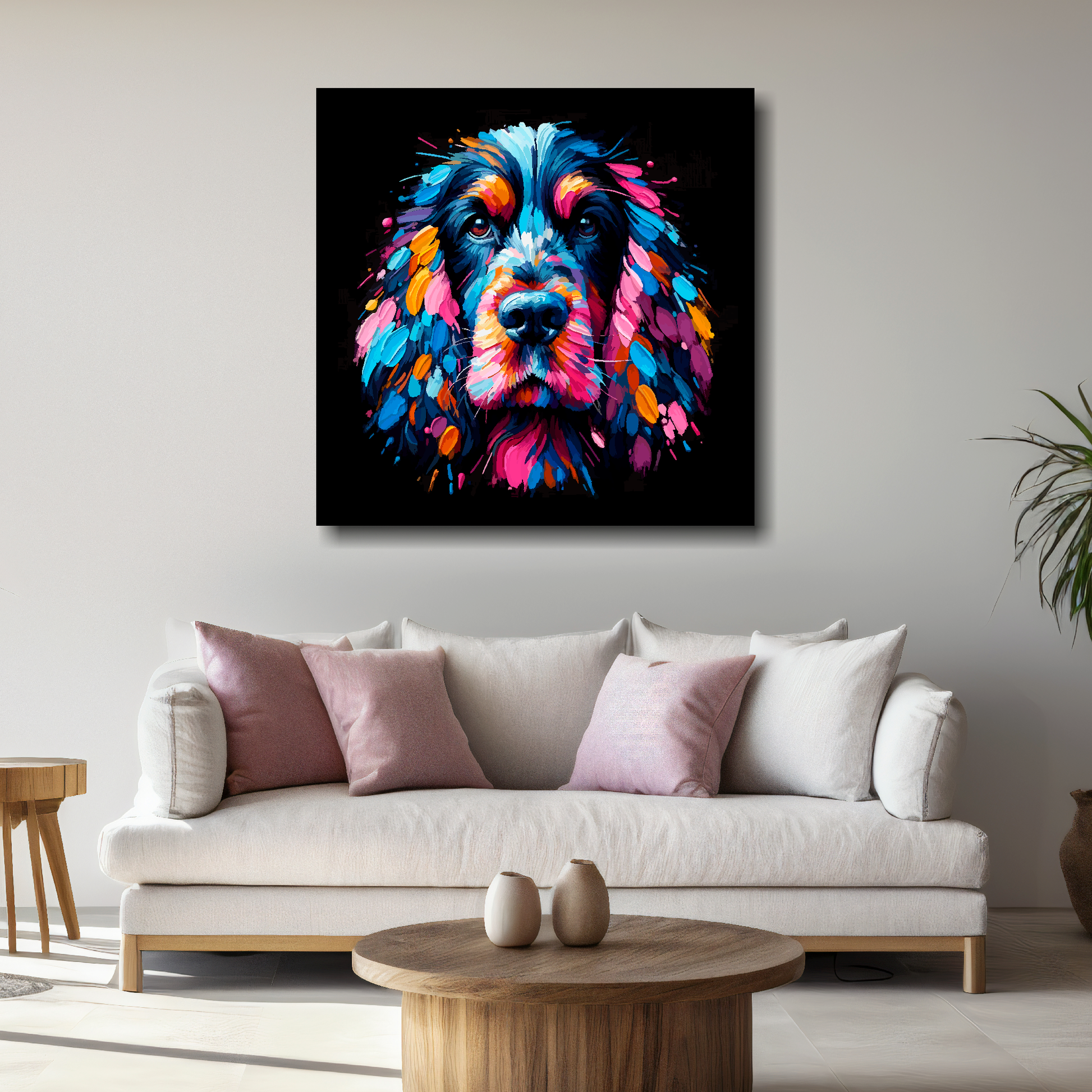 Large canvas print featuring a multi-coloured Black Cocker Spaniel dog portrait. Mounted on a white wall above a white sofa with decorative pillows.
