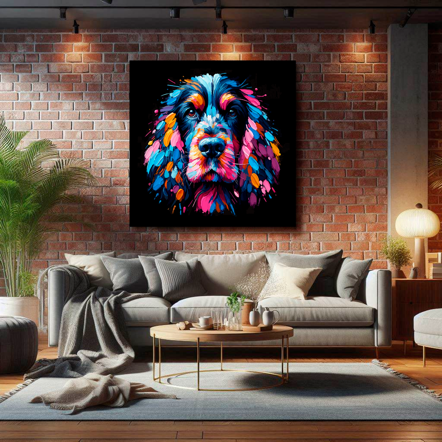 XL canvas print featuring a multi-coloured Black Cocker Spaniel dog portrait. Mounted on a lounge brick wall above a grey sofa with decorative pillows.