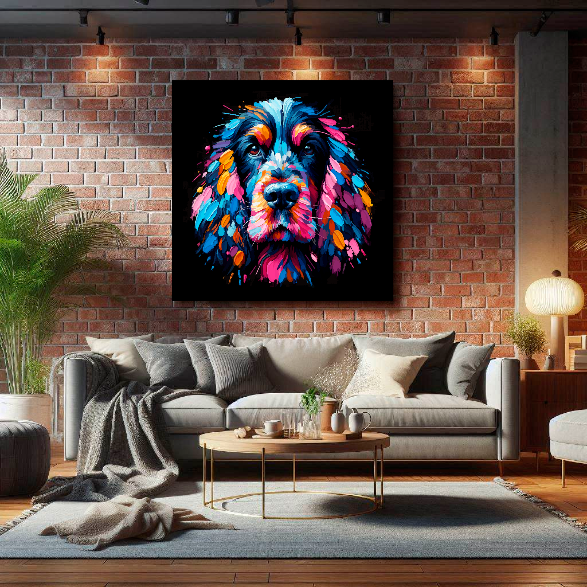 XL canvas print featuring a multi-coloured Black Cocker Spaniel dog portrait. Mounted on a lounge brick wall above a grey sofa with decorative pillows.