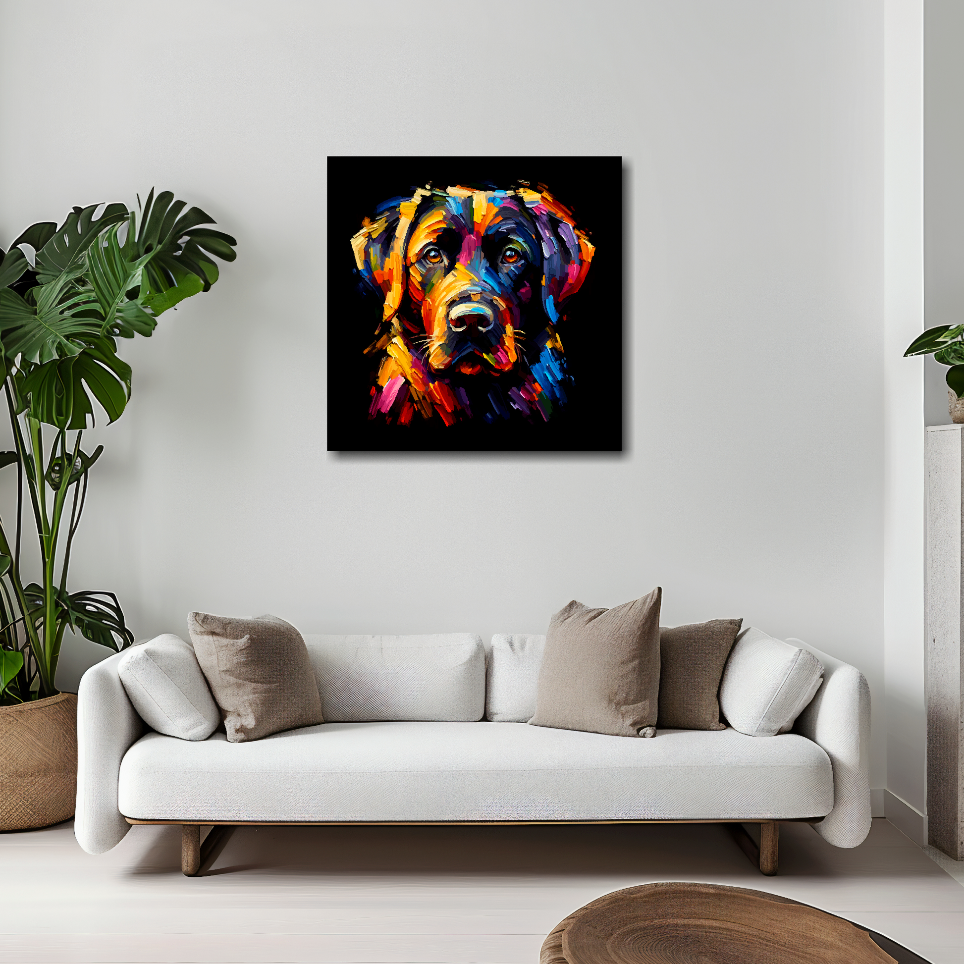 20 inch by 20 inch square canvas featuring a multi-coloured Black Labrador dog portrait. Mounted on a white wall above a white sofa with decorative pillows.