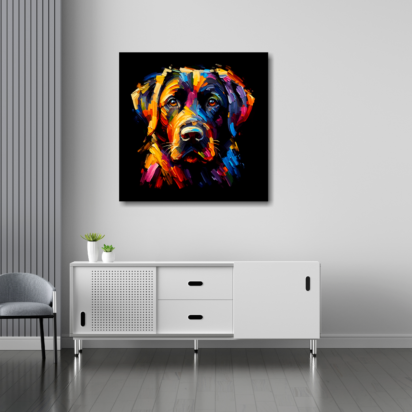 30 inch by 30 inch square canvas featuring a multi-coloured Black Labrador dog portrait. Mounted on a white wall above a white sideboard.