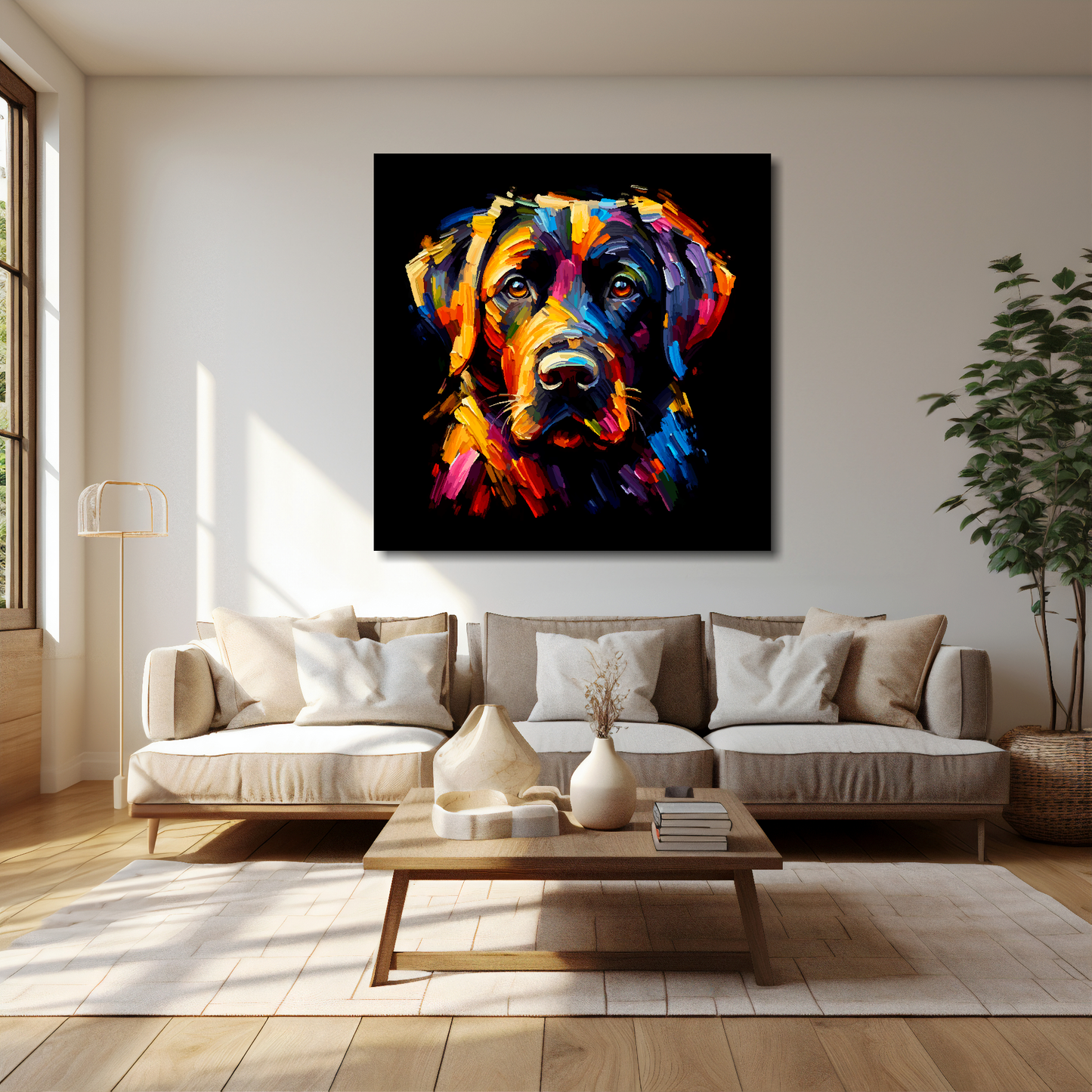 40 inch by 40 inch square canvas featuring a multi-coloured Black Labrador dog portrait. Mounted on a cream wall above a cream sofa with decorative pillows.