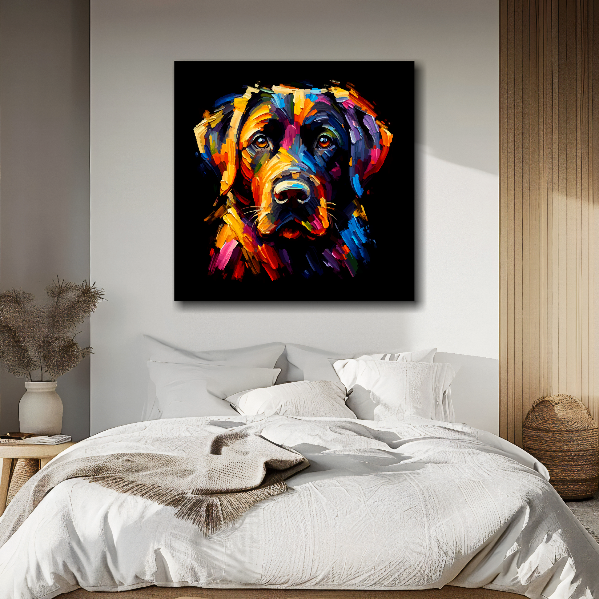 Large canvas featuring a multi-coloured Black Labrador dog portrait. Mounted on a white wall above a double bed.