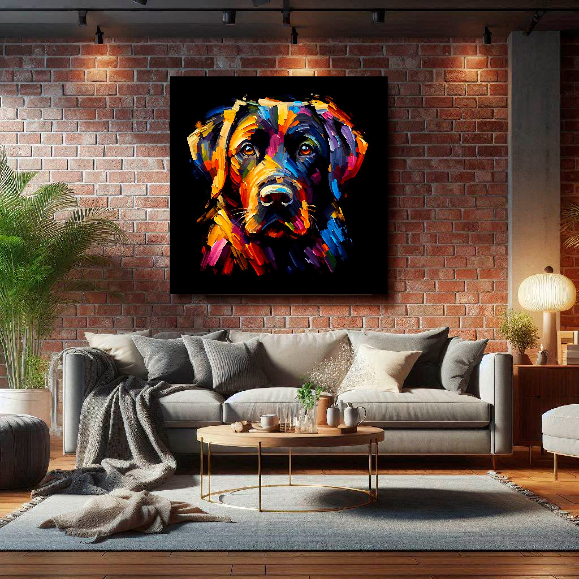 Large canvas featuring a multi-coloured Black Labrador dog portrait. Mounted on a brick wall above a grey sofa with decorative pillows.