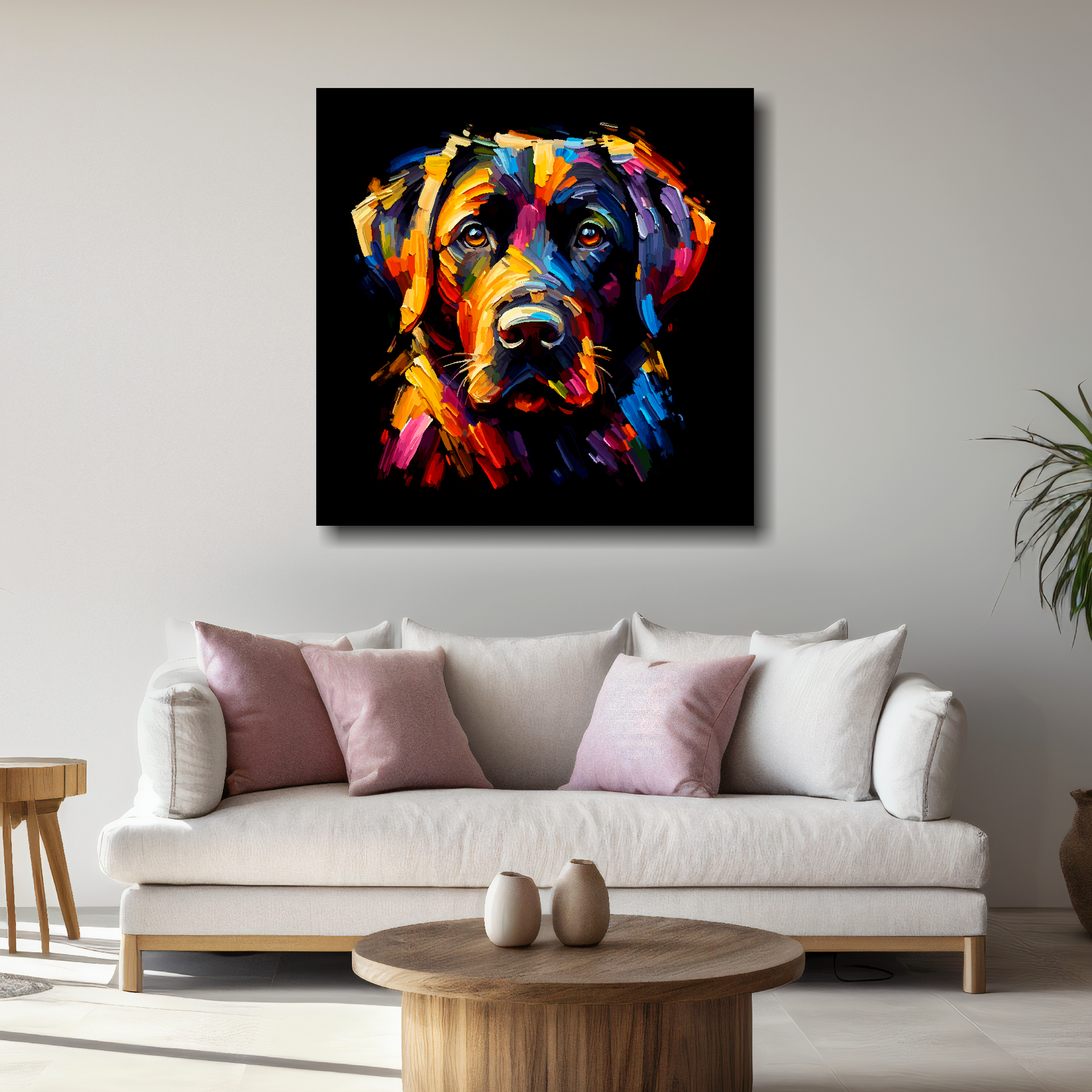 Large canvas featuring a multi-coloured Black Labrador dog portrait. Mounted on a white wall above a white sofa with decorative pillows.