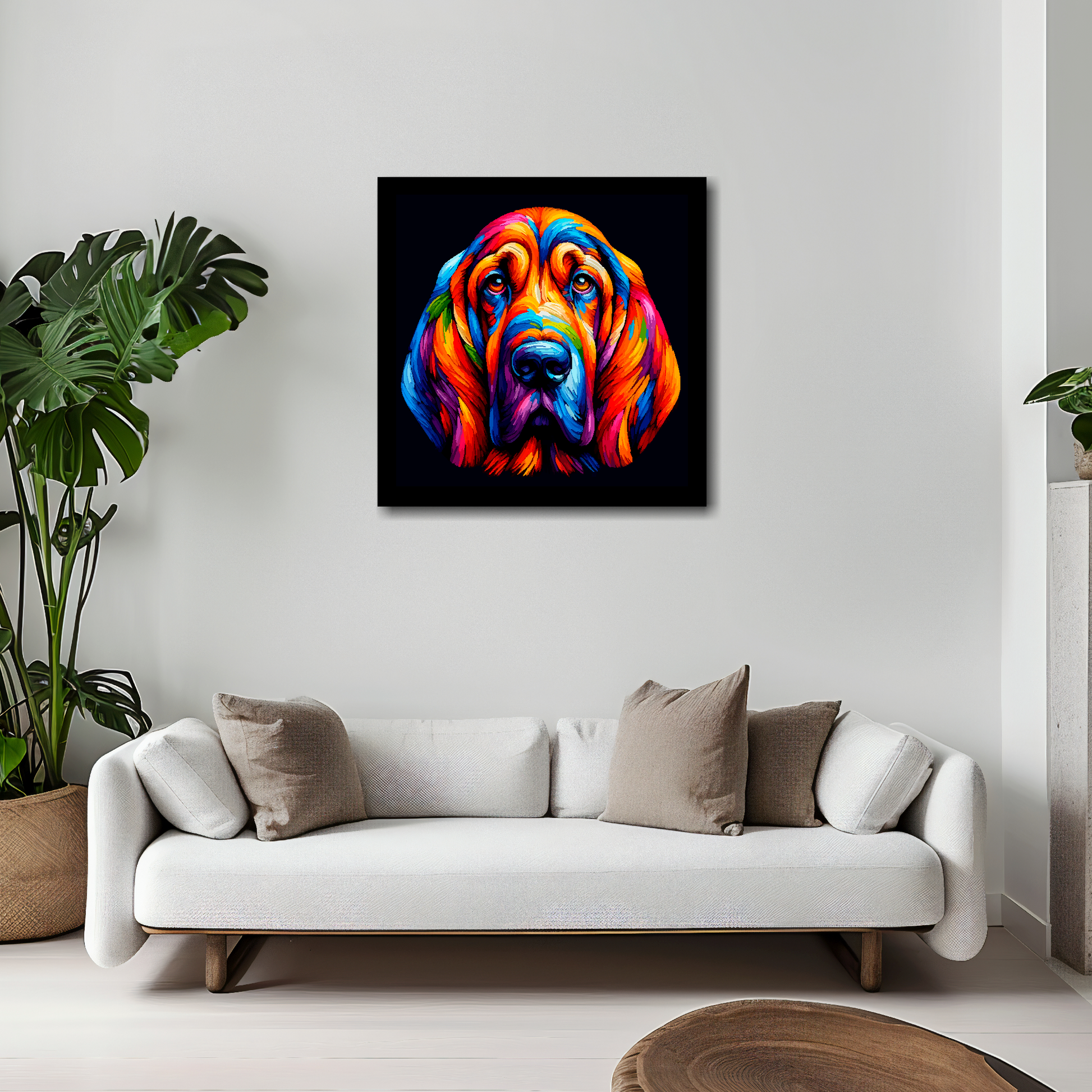 20 inch by 20 inch square canvas of a colourful Bloodhound head portrait on a black background. Mounted on a white wall above a white sofa with decorative pillows.