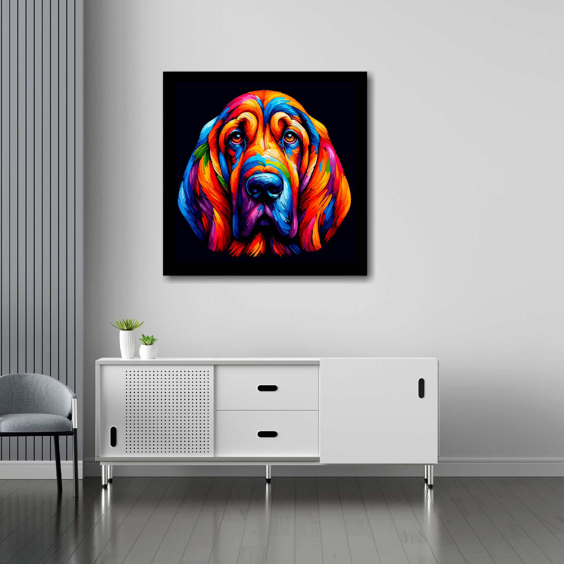 Bloodhound canvas 30x30 inches above sideboard - large colourful dog portrait UK made