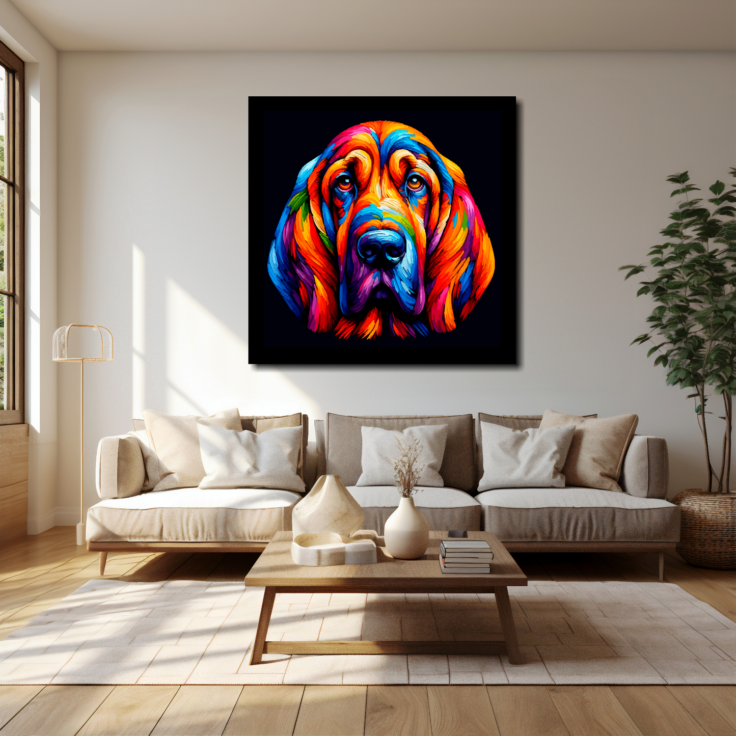 40 inch by 40 inch square canvas of a colourful Bloodhound head portrait on a black background. Mounted on a white wall above a cream sofa with decorative pillows.