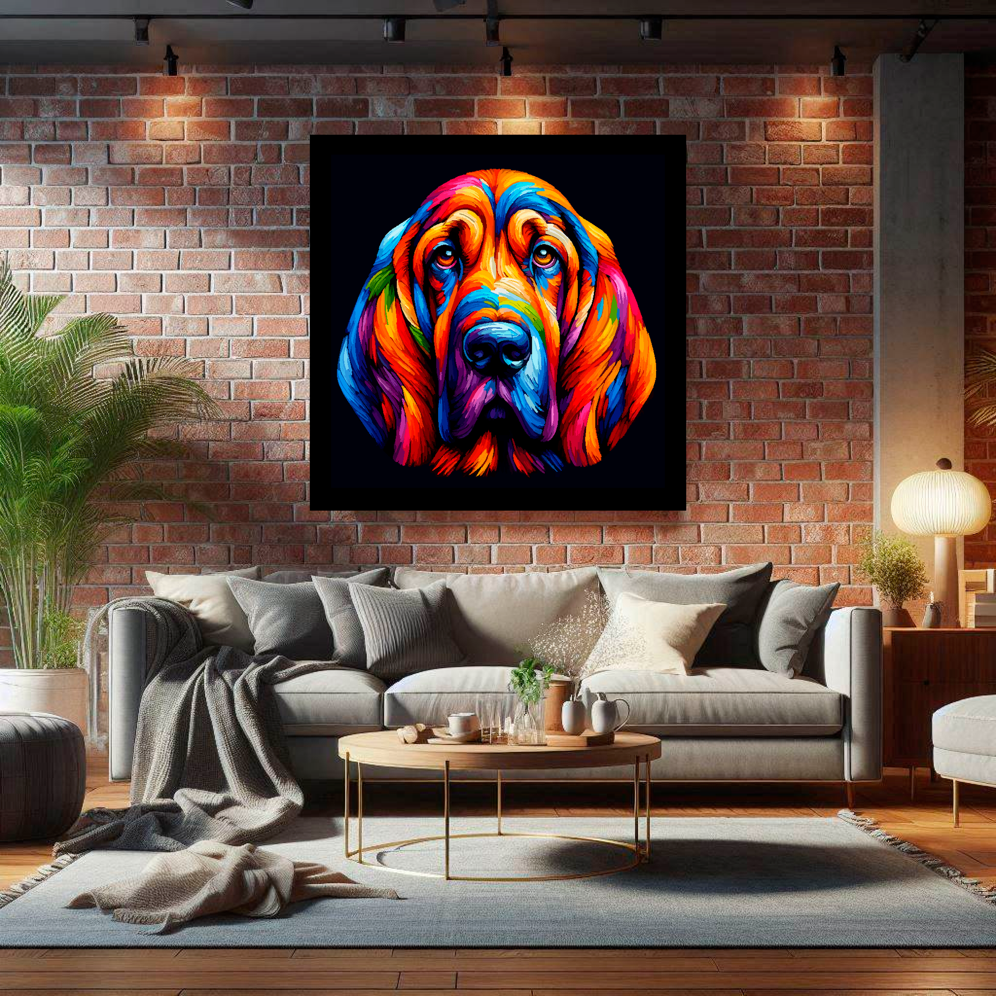 Large canvas wall art - A vibrant multi-coloured head portrait of a Bloodhound. Available in 3 large sizes.