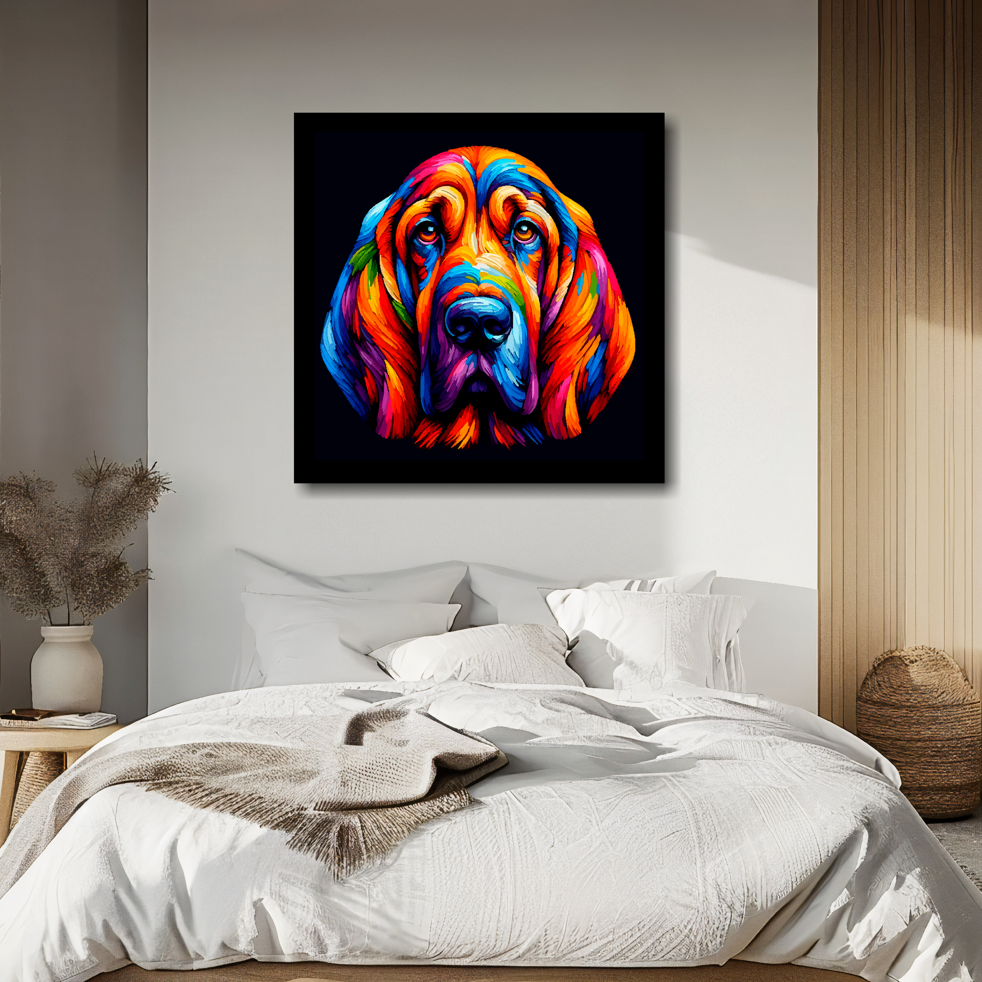 Large canvas wall art - A vibrant multi-coloured head portrait of a Bloodhound. Available in 3 large sizes.