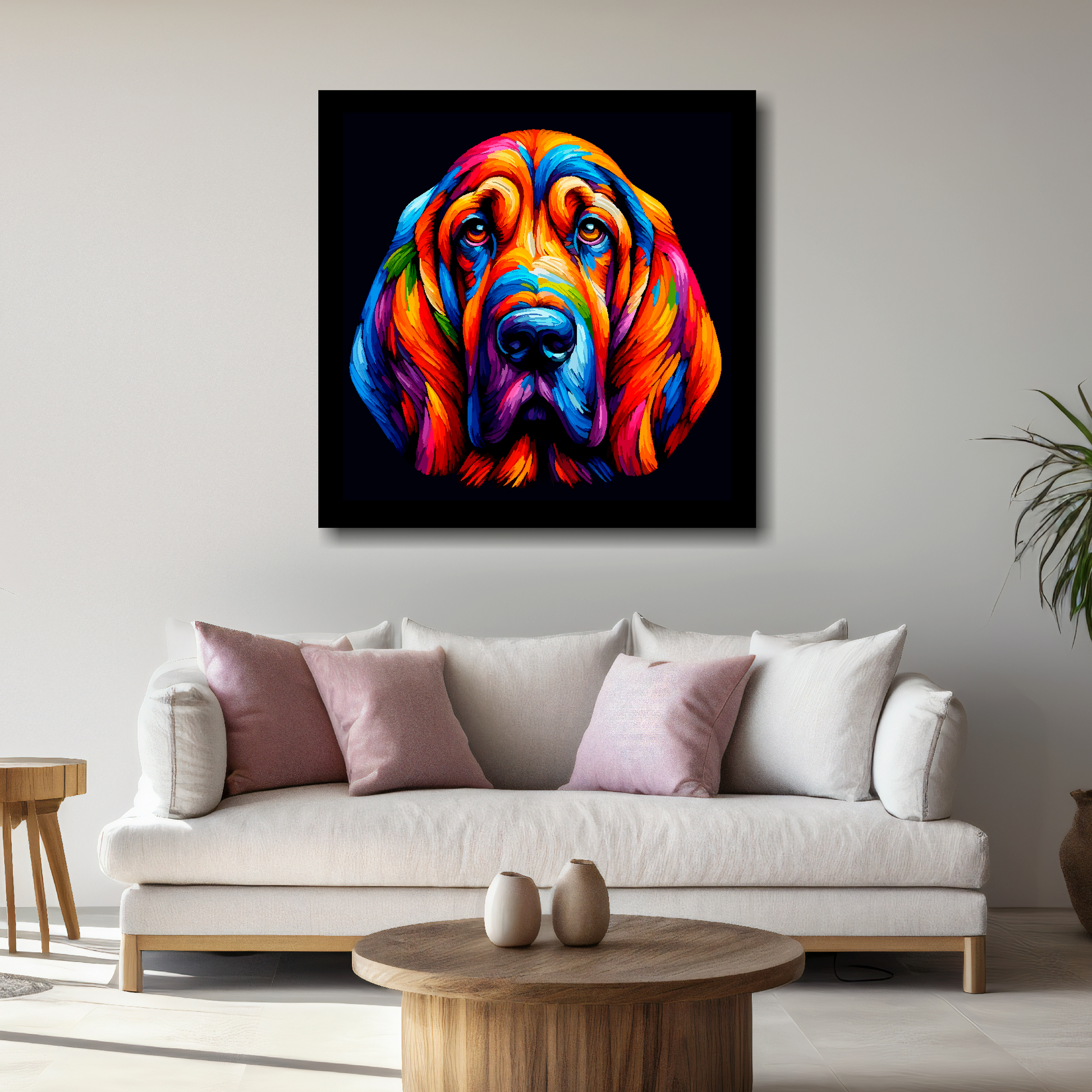 Large canvas wall art - A vibrant multi-coloured head portrait of a Bloodhound. Available in 3 large sizes.