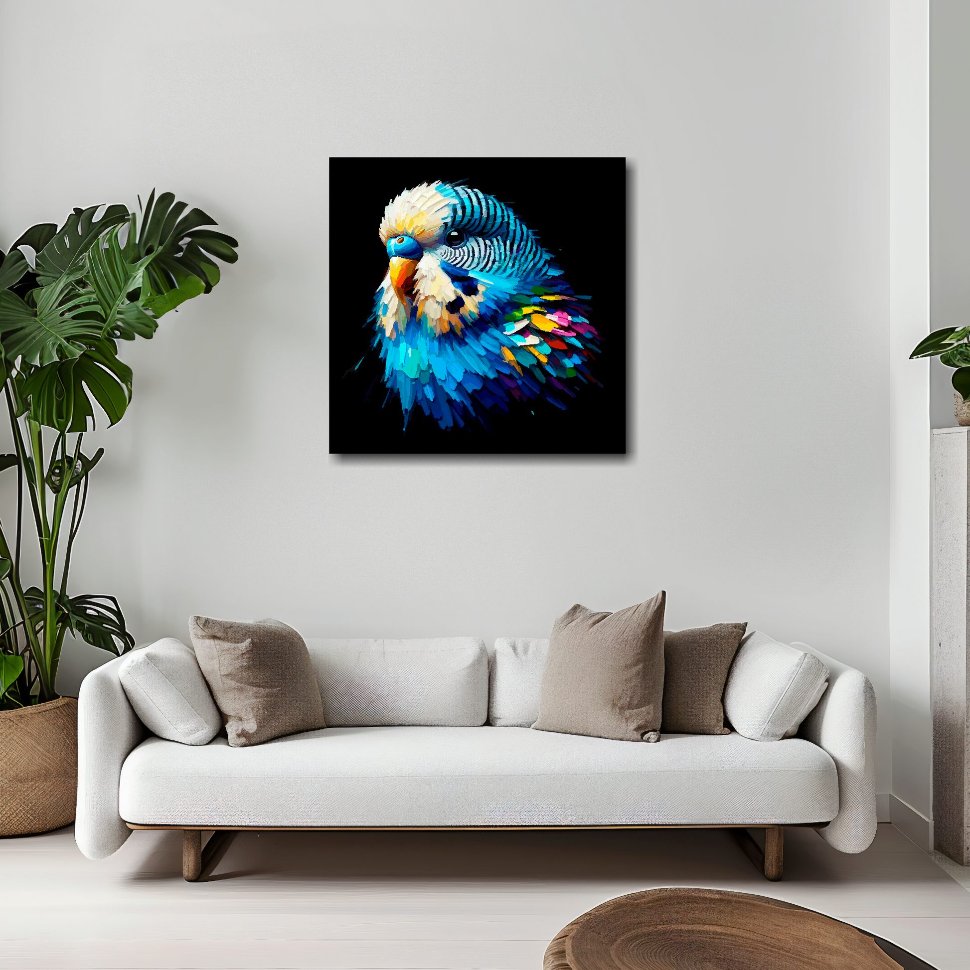 20 inch by 20 inch square canvas of a colourful Blue Budgie portrait on a black background. Mounted on a white wall above a white sofa with decorative pillows.