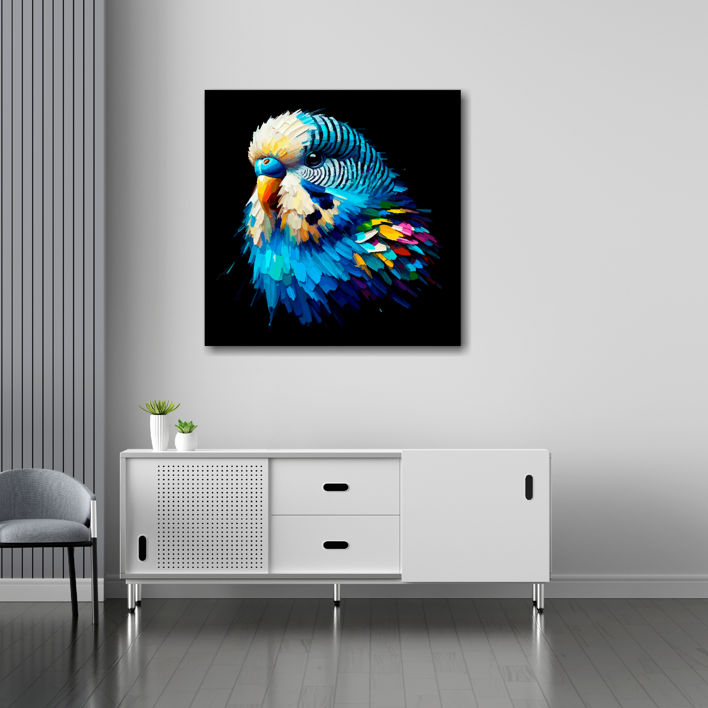 30 inch by 30 inch square canvas of a colourful Blue Budgie portrait on a black background. Mounted on a white wall above a white sideboard.