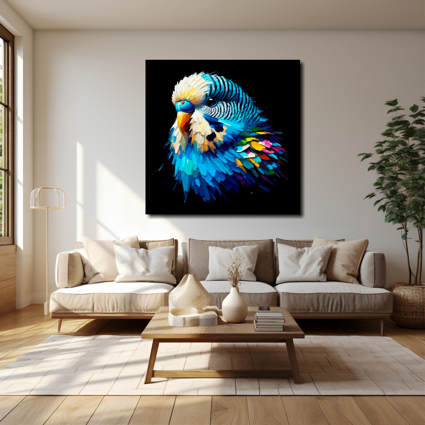 40 inch by 40 inch square canvas of a colourful Blue Budgie portrait on a black background. Mounted on a white wall above a cream sofa with decorative pillows.