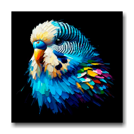 Large canvas wall art - A vibrant multi-coloured head portrait of a Blue Budgie. Available in 3 large sizes.