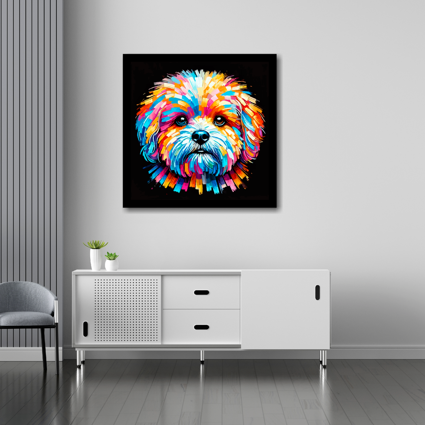 30 inch by 30 inch square canvas of a colourful Bolognese dog head portrait on a black background. Mounted on a white wall above a white sideboard.