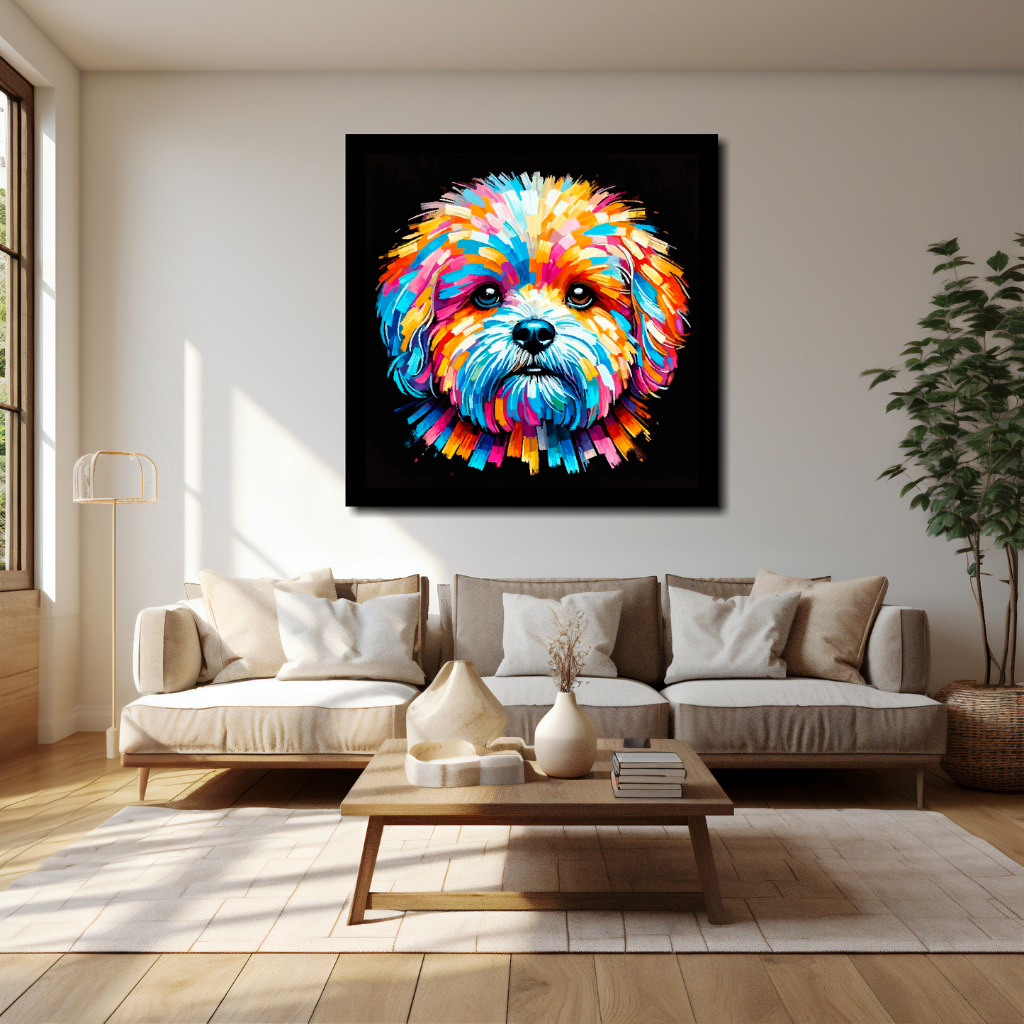 40 inch by 40 inch square canvas of a colourful Bolognese dog head portrait on a black background. Mounted on a white wall above a cream sofa with decorative pillows.