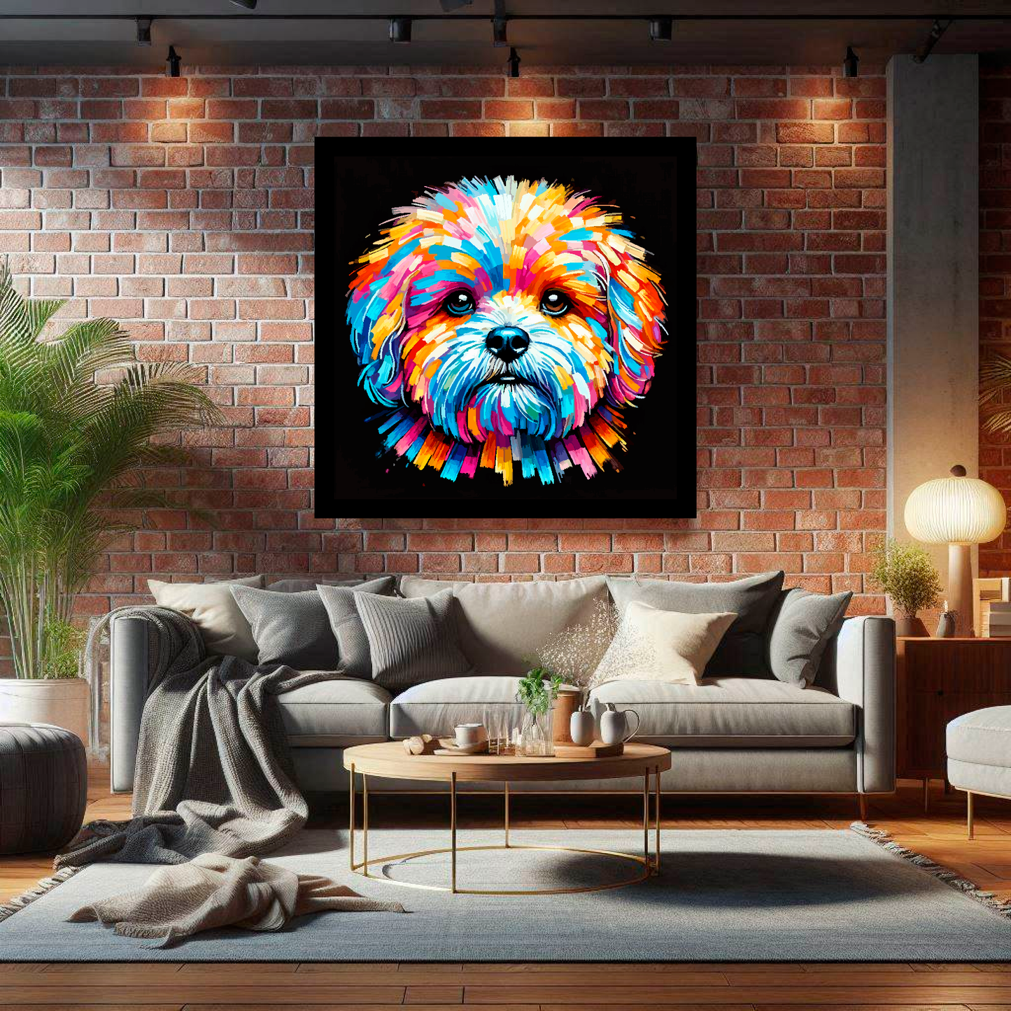 Large canvas wall art - A vibrant multi-coloured head portrait of a Bolognese Dog. Available in 3 large sizes.