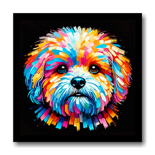 Large canvas wall art - A vibrant multi-coloured head portrait of a Bolognese Dog. Available in 3 large sizes.