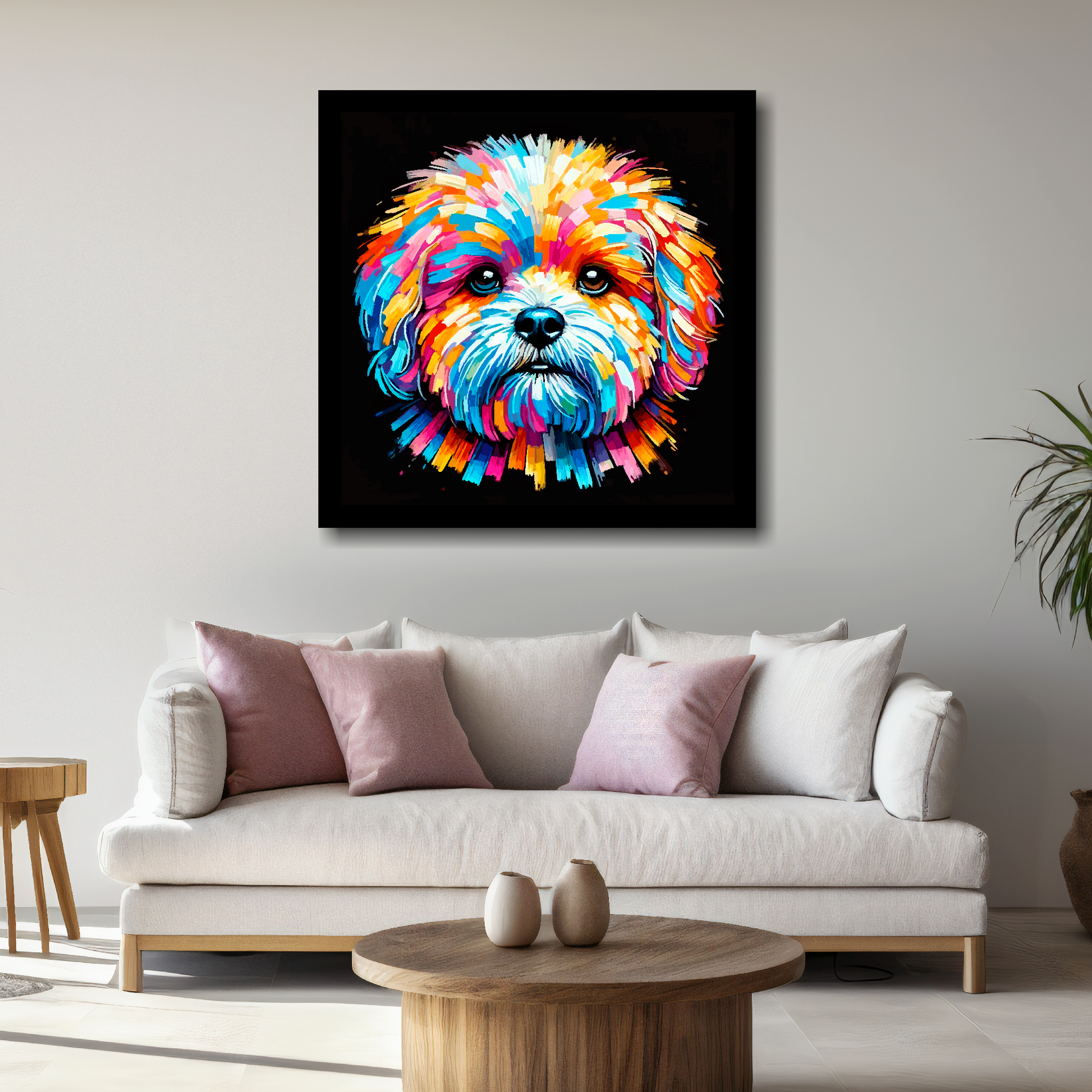 Large canvas wall art - A vibrant multi-coloured head portrait of a Bolognese Dog. Available in 3 large sizes.