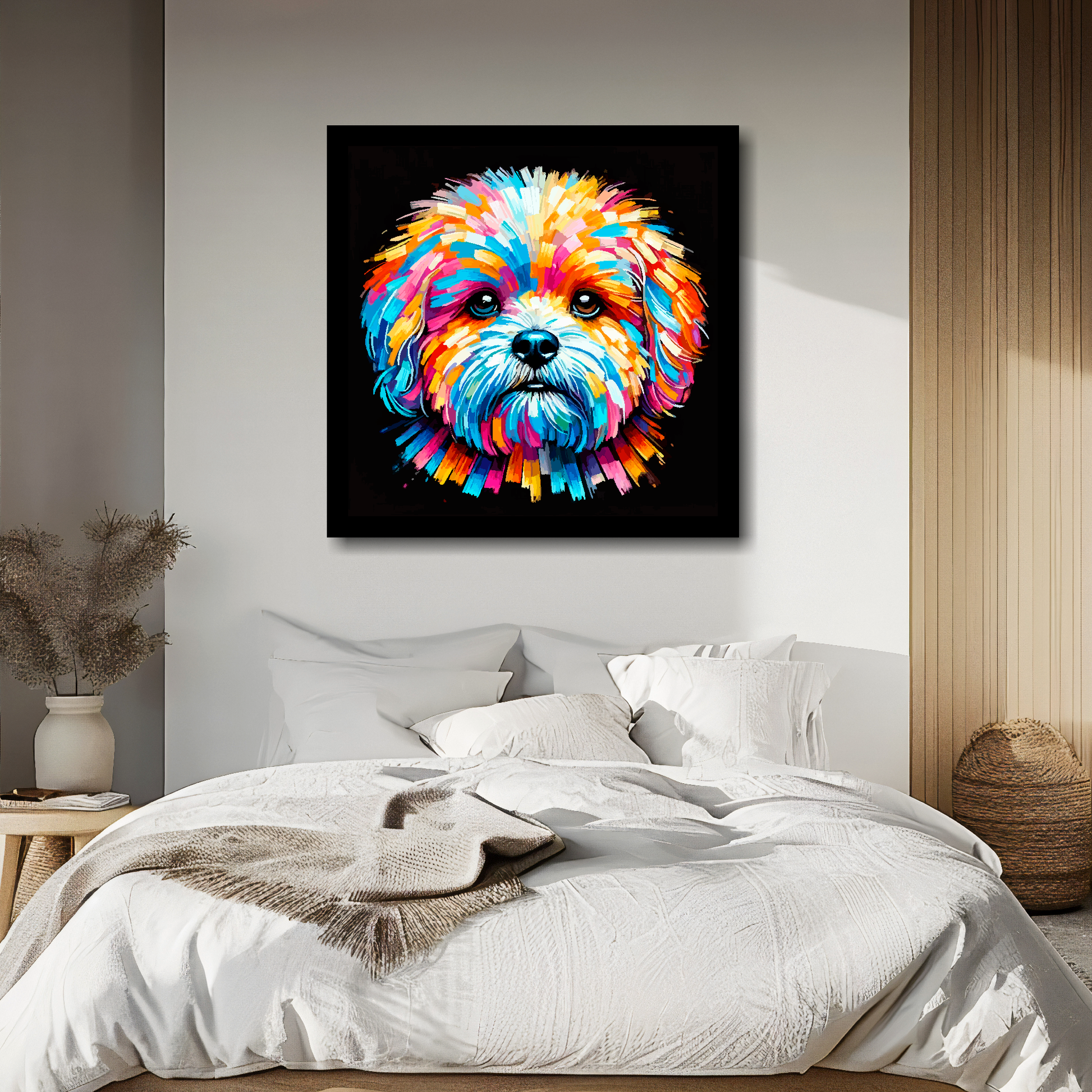Large canvas wall art - A vibrant multi-coloured head portrait of a Bolognese Dog. Available in 3 large sizes.