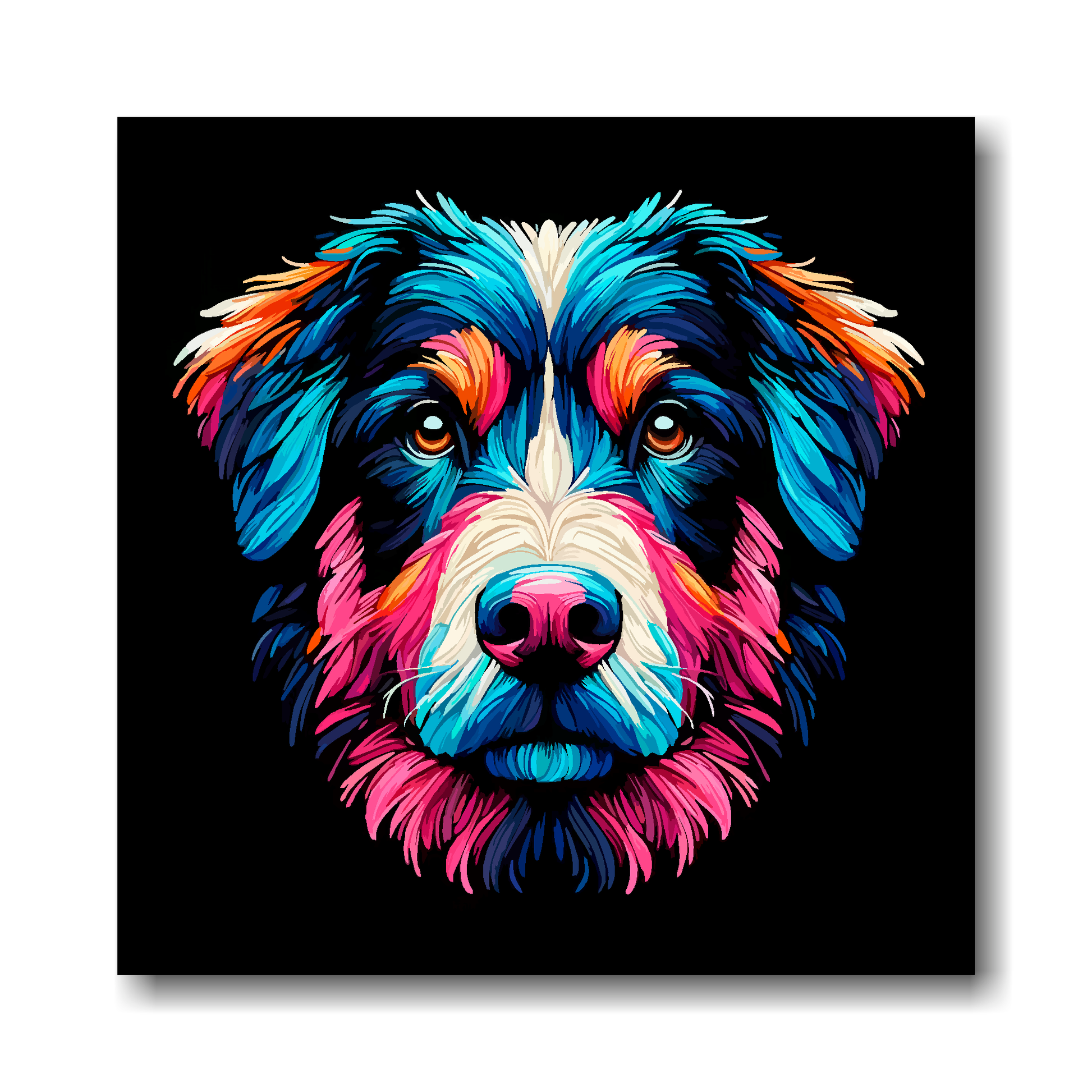 Colourful Borador dog portrait on a black background.