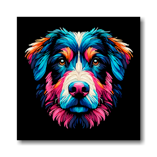 Colourful Borador dog portrait on a black background.