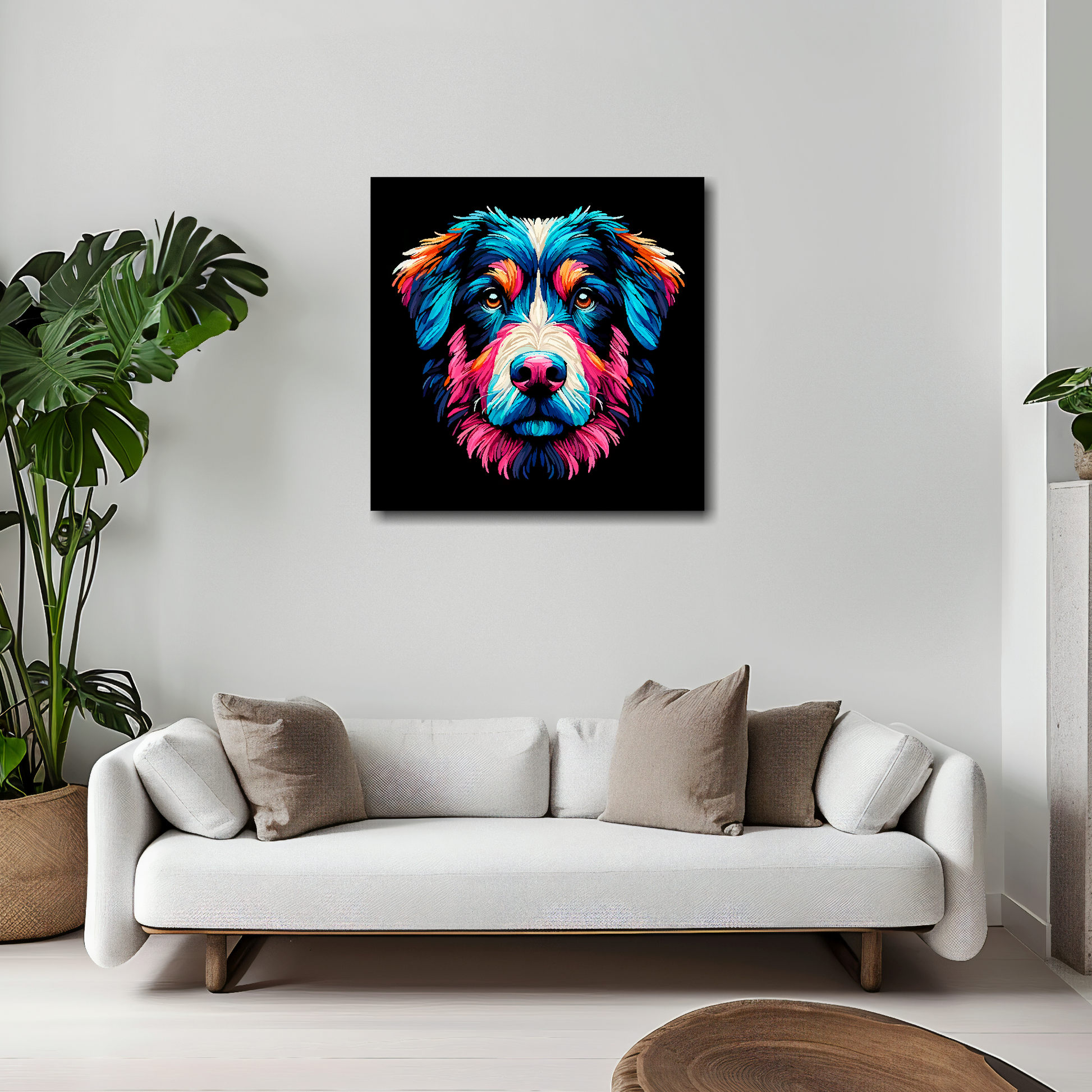 20 inch by 20 inch canvas print featuring a multi-coloured Borador dog portrait. Mounted on a white wall above a white sofa with decorative pillows.